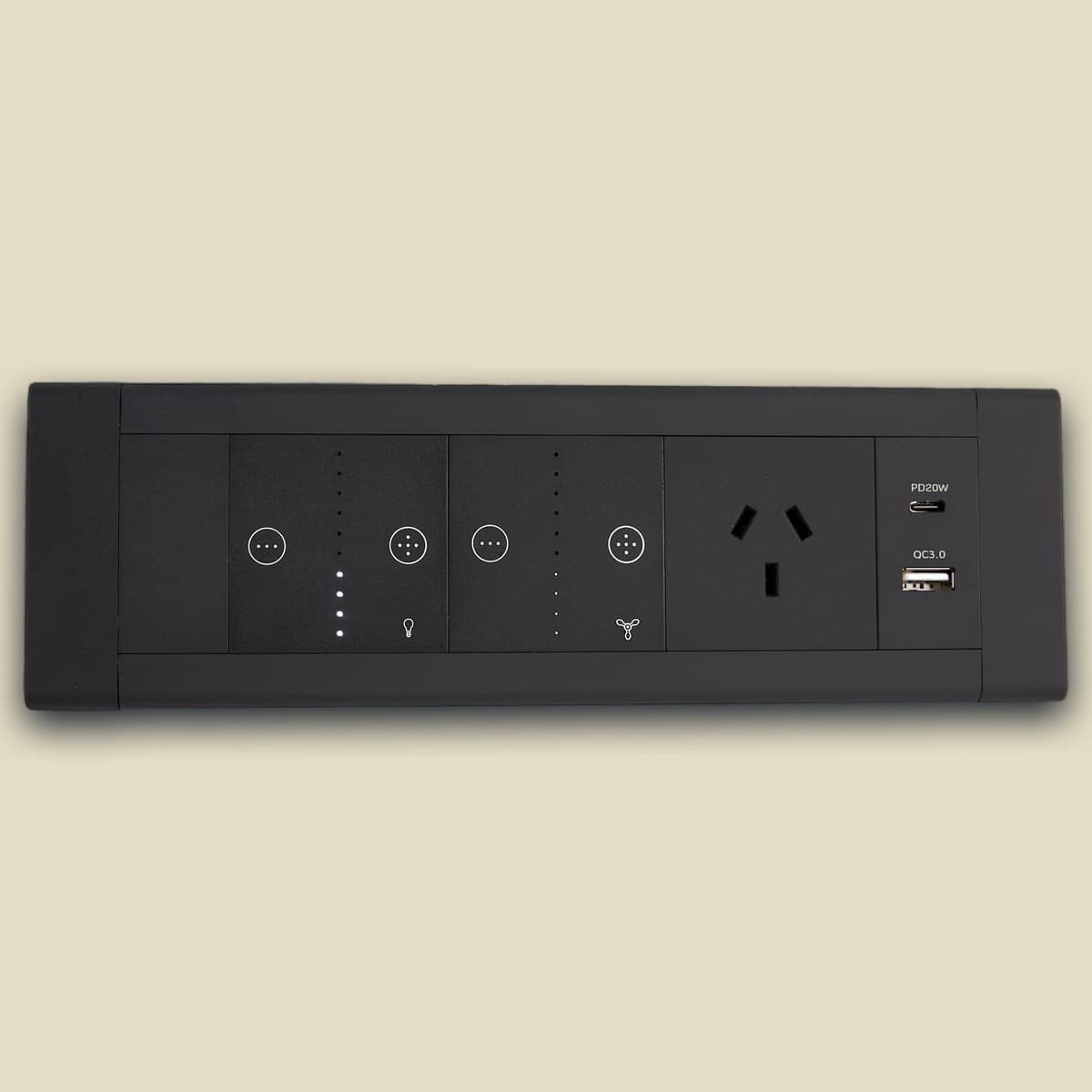 A Peacepod's integrated control hub — touch dials for lighting and ventilation, a mains power socket, and USB-A and USB-C charging ports