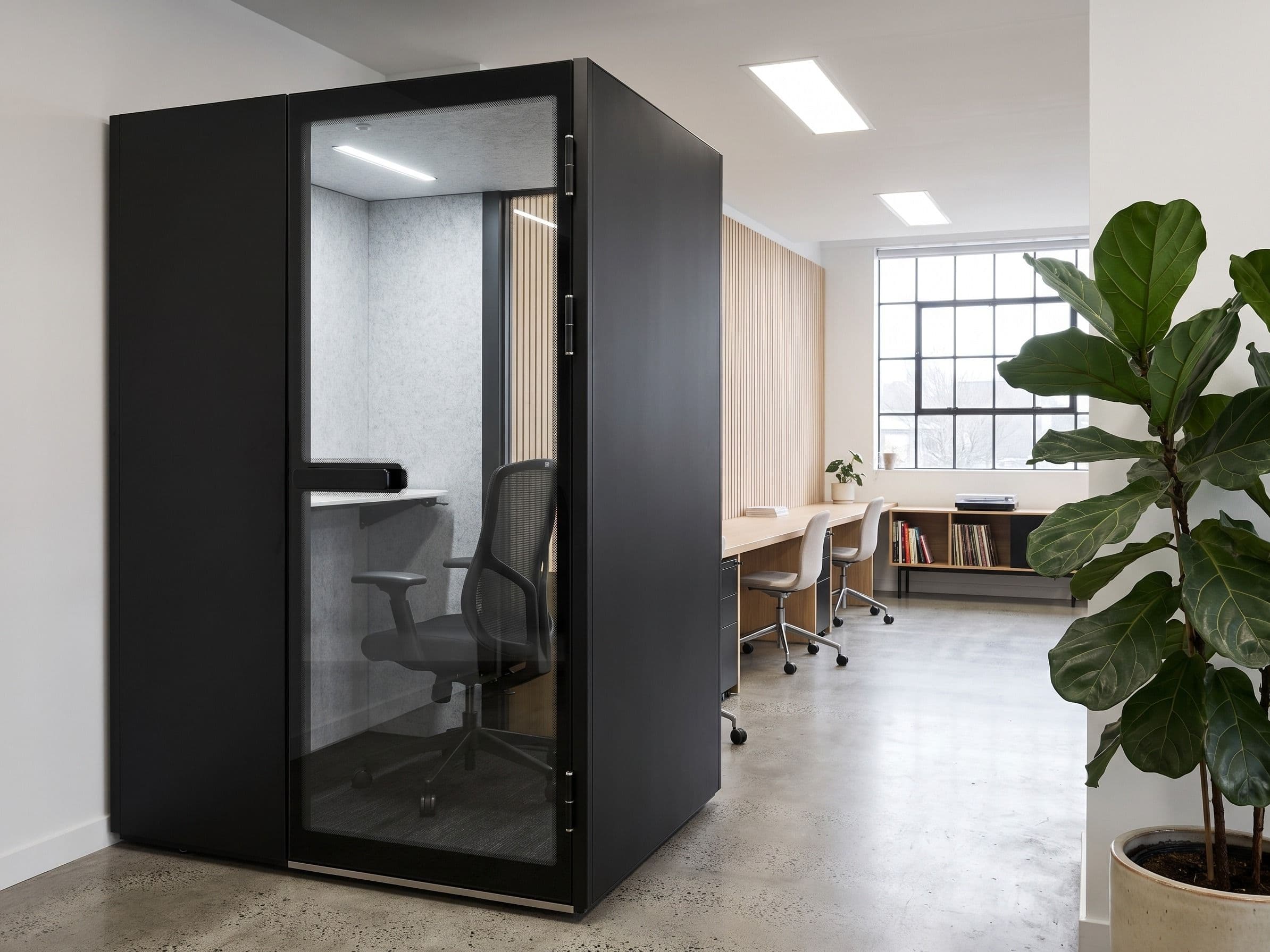 An MW-Pod against a white wall in a creative studio, with a timber slat wall, bench desks and a tall steel-framed window beyond, and a fiddle-leaf fig in the foreground